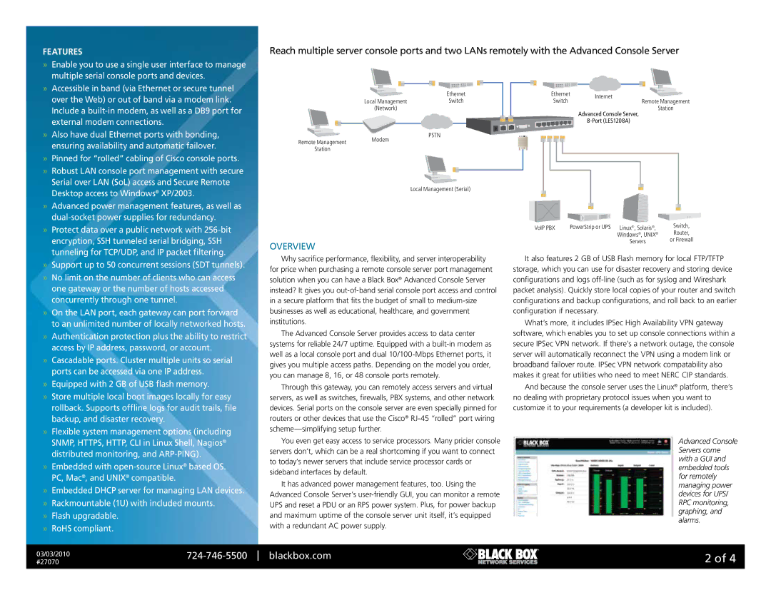 Black Box 27070 manual Overview, Features 