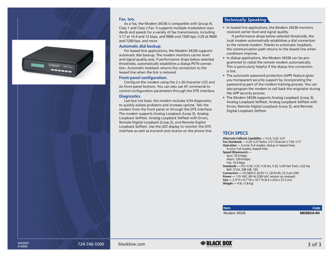 Black Box 34336 manual Tech Specs, Fax, too, Automatic dial backup, Front-panel configuration, Diagnostics 