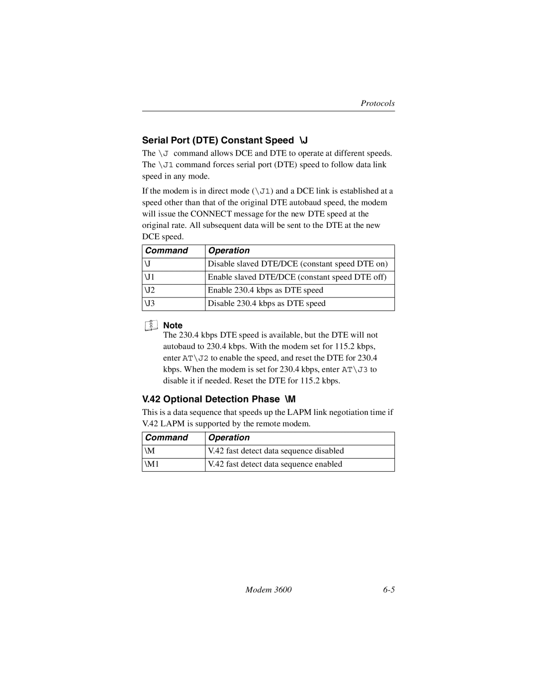 Black Box 3600 MODEM manual Serial Port DTE Constant Speed \J, Optional Detection Phase \M 