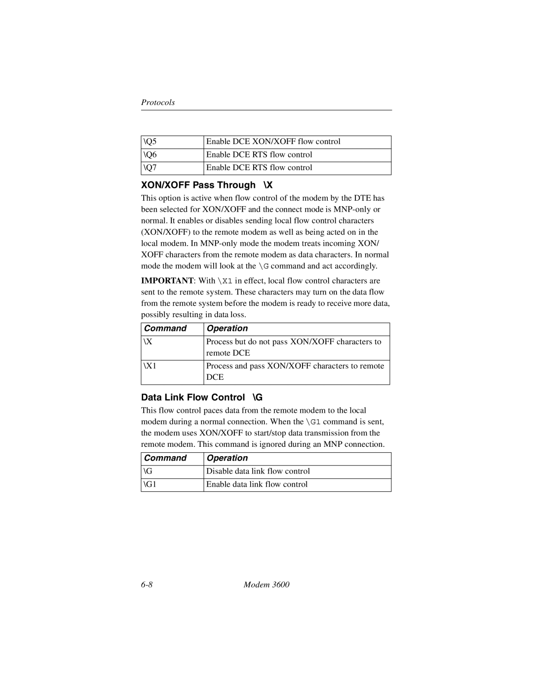 Black Box 3600 MODEM manual XON/XOFF Pass Through \X, Data Link Flow Control \G 