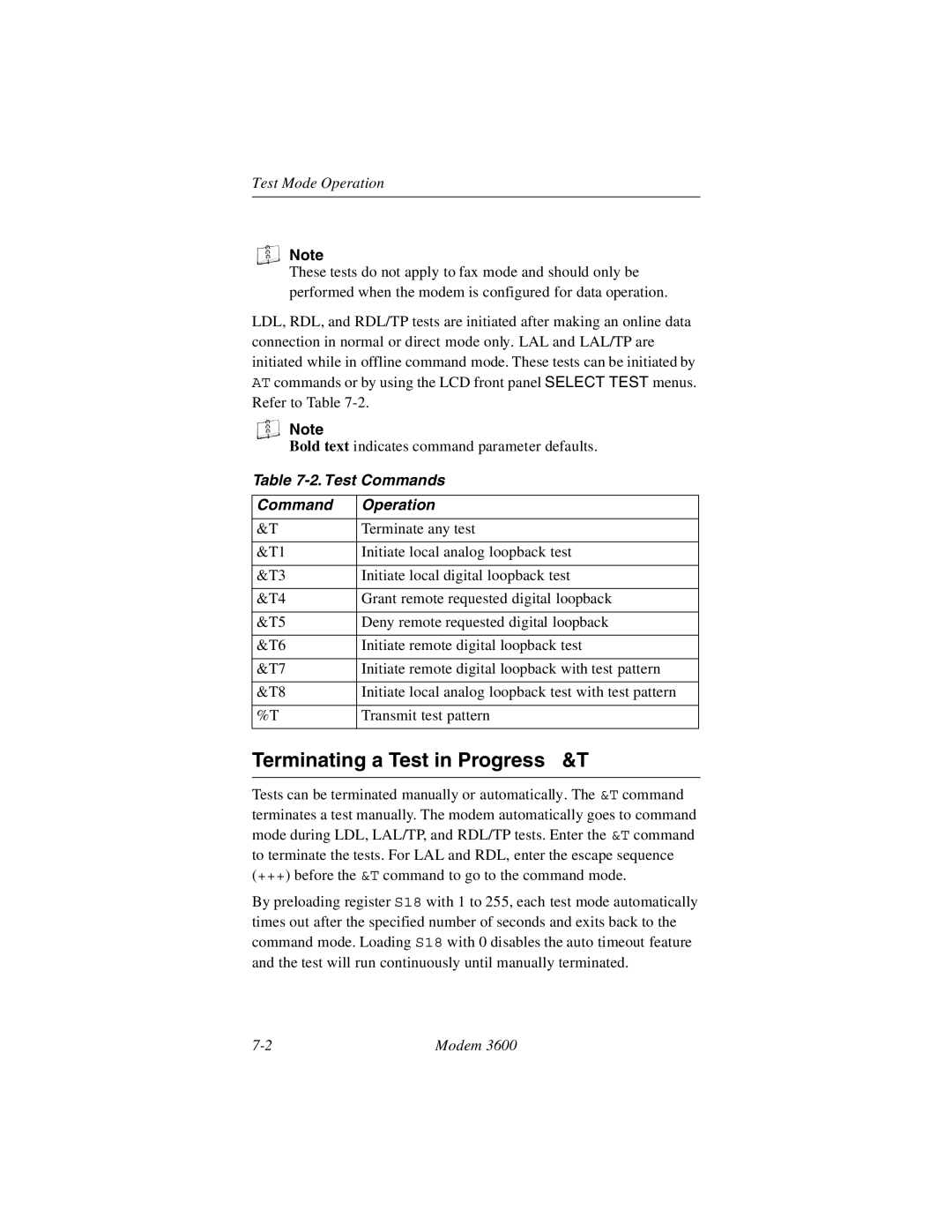 Black Box 3600 MODEM manual Terminating a Test in Progress &T, Test Commands Operation 