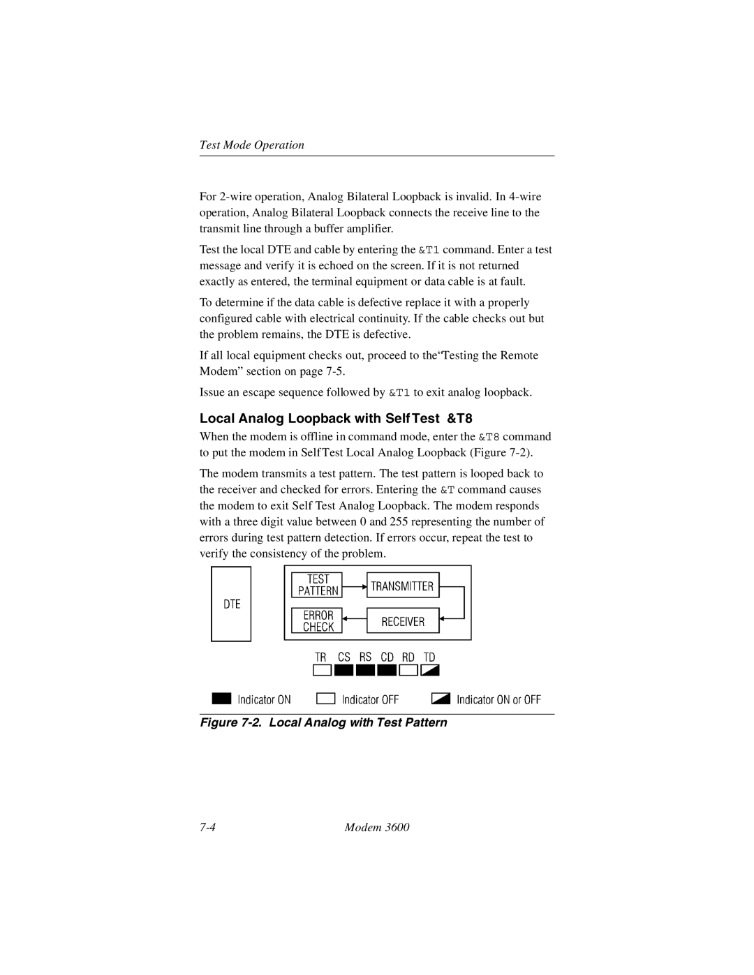 Black Box 3600 MODEM manual Local Analog Loopback with Self Test &T8, Local Analog with Test Pattern 