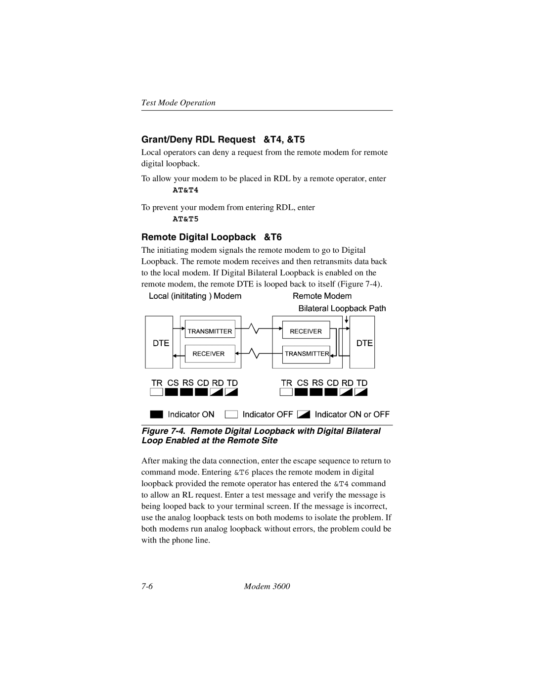 Black Box 3600 MODEM manual Grant/Deny RDL Request &T4, &T5, Remote Digital Loopback &T6 