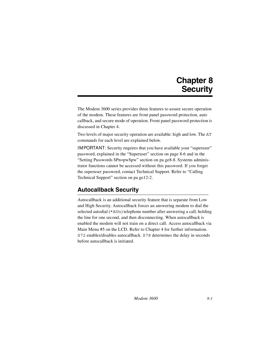 Black Box 3600 MODEM manual Chapter Security, Autocallback Security 