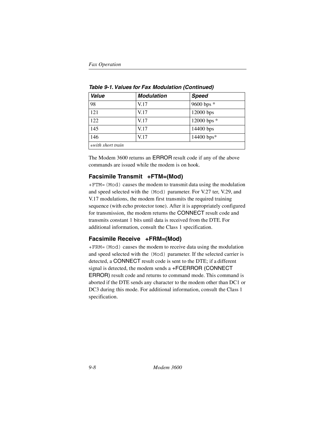 Black Box 3600 MODEM manual Facsimile Transmit +FTM=Mod, Facsimile Receive +FRM=Mod, Values for Fax Modulation Speed 