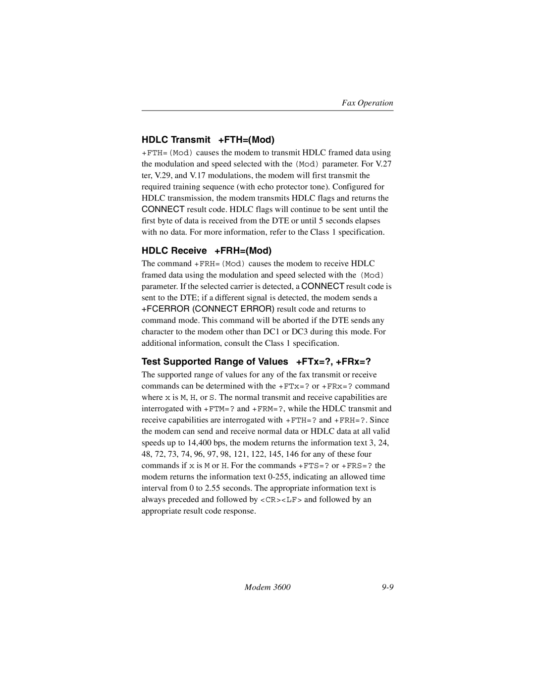 Black Box 3600 MODEM manual Hdlc Transmit +FTH=Mod, Hdlc Receive +FRH=Mod, Test Supported Range of Values +FTx=?, +FRx=? 