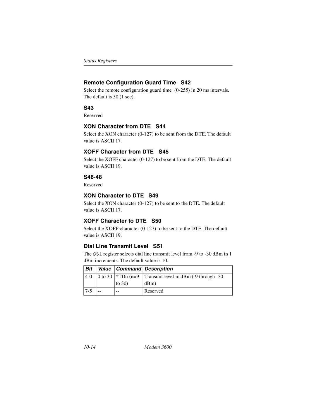 Black Box 3600 Remote Configuration Guard Time S42, S43, XON Character from DTE S44, Xoff Character from DTE S45, S46-48 