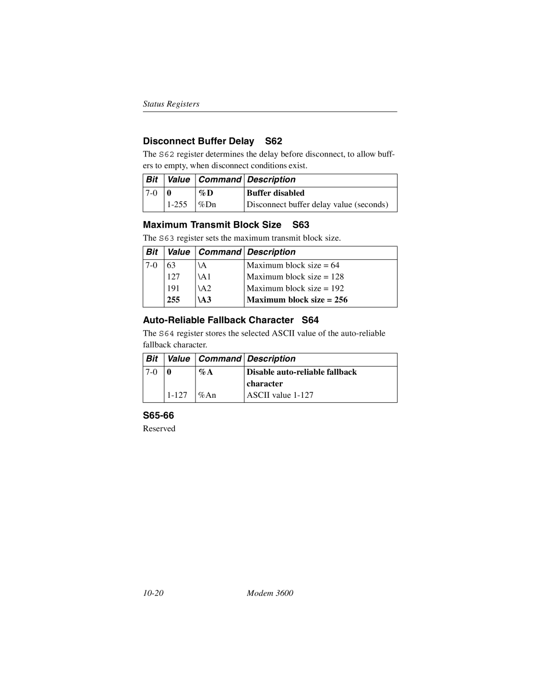 Black Box 3600 Disconnect Buffer Delay S62, Maximum Transmit Block Size S63, Auto-Reliable Fallback Character S64, S65-66 