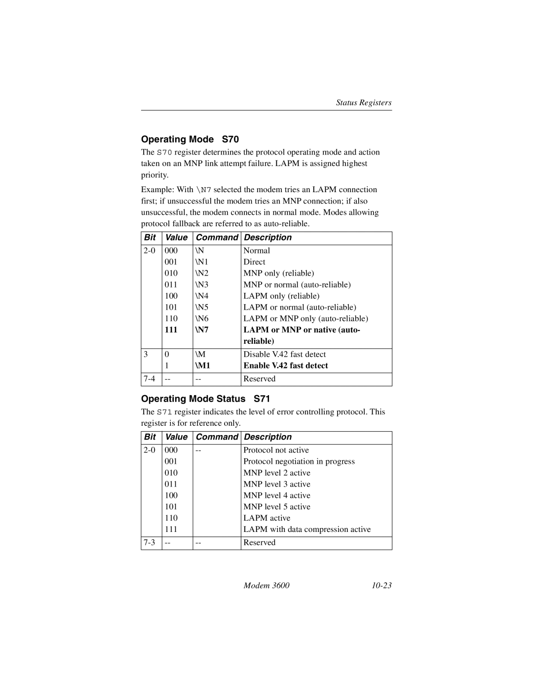 Black Box 3600 MODEM manual Operating Mode S70, Operating Mode Status S71, 111 \N7 Lapm or MNP or native auto Reliable 