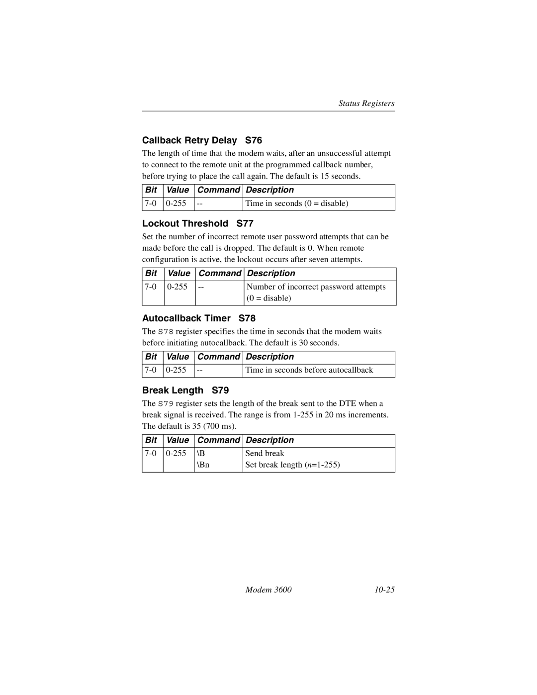 Black Box 3600 MODEM manual Callback Retry Delay S76, Lockout Threshold S77, Autocallback Timer S78, Break Length S79 