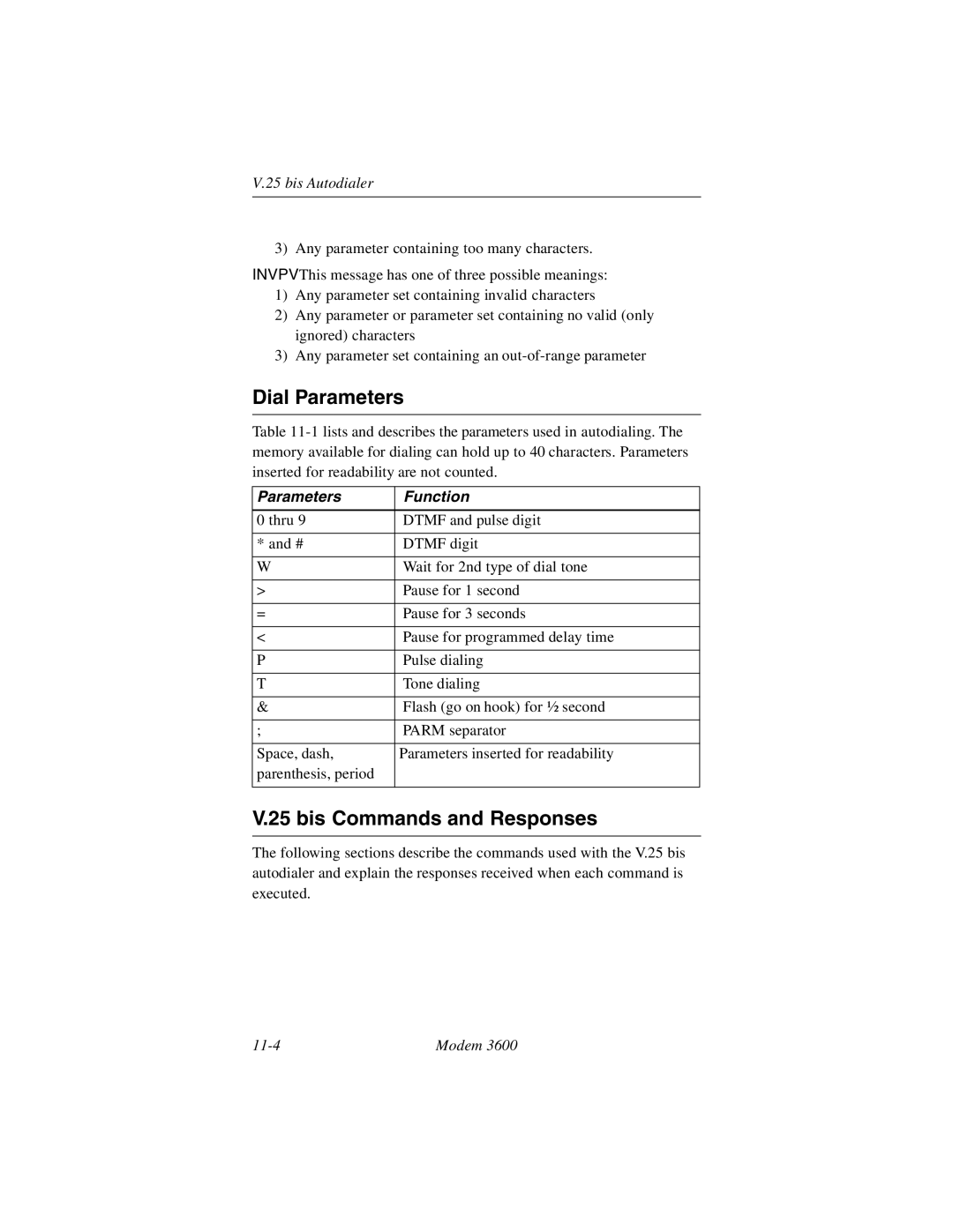 Black Box 3600 MODEM manual Dial Parameters, Bis Commands and Responses, Parameters Function 