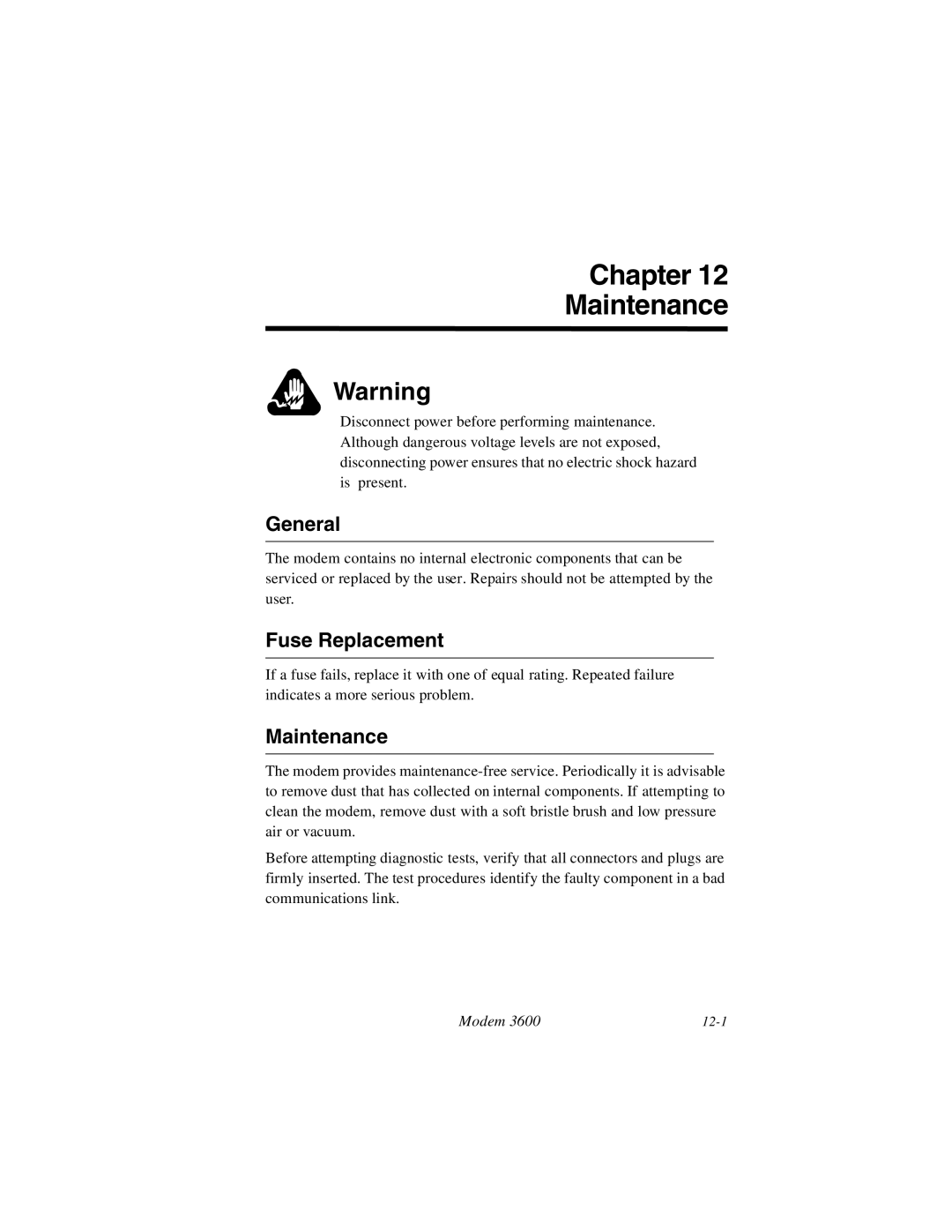 Black Box 3600 MODEM manual Chapter Maintenance, General, Fuse Replacement 