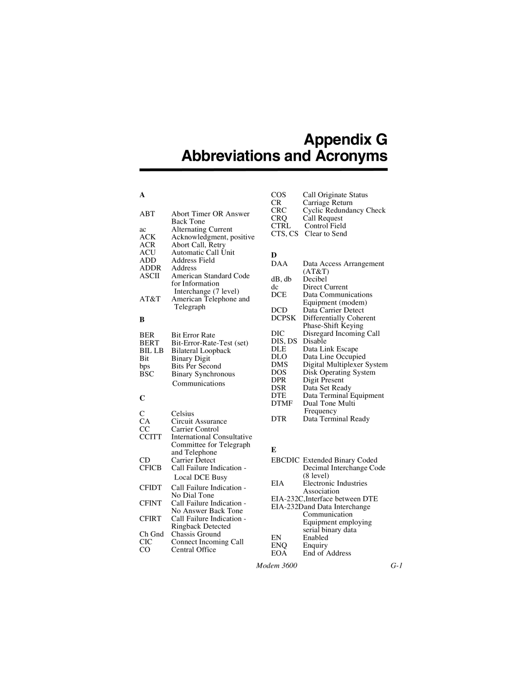 Black Box 3600 MODEM manual Appendix G Abbreviations and Acronyms 