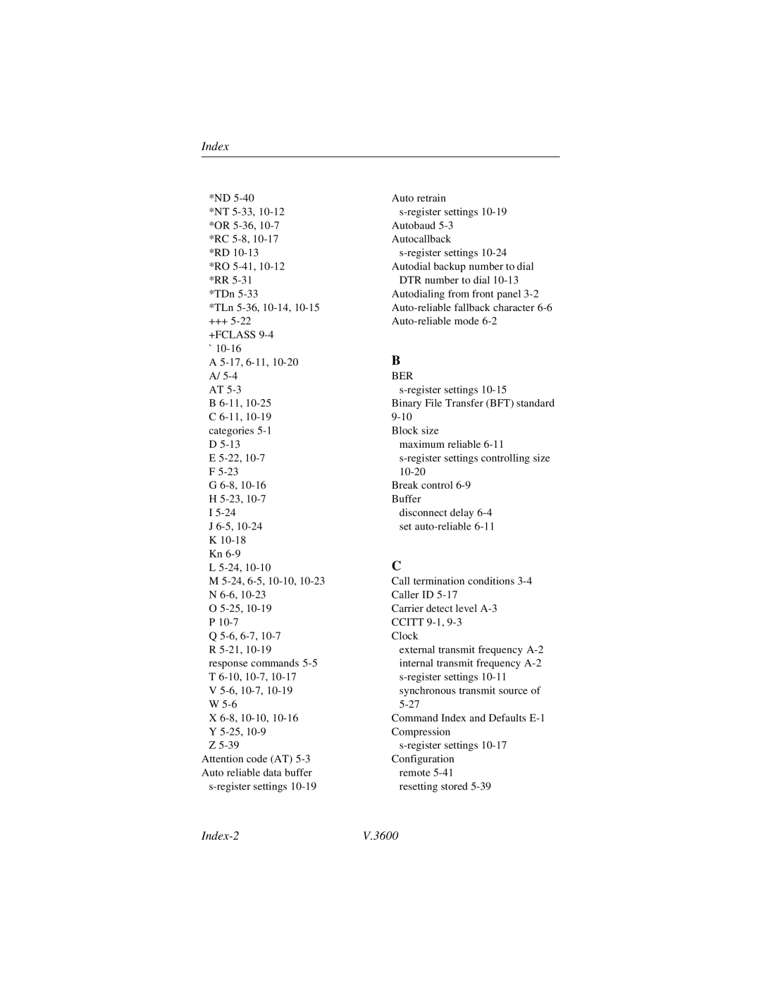 Black Box 3600 MODEM manual Index-2V.3600 