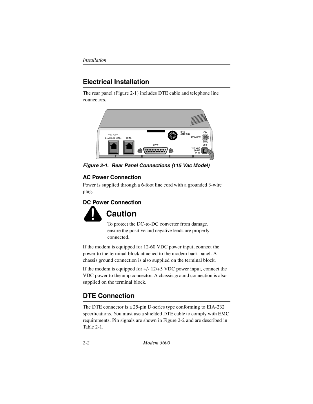 Black Box 3600 MODEM manual Electrical Installation, DTE Connection, AC Power Connection, DC Power Connection 