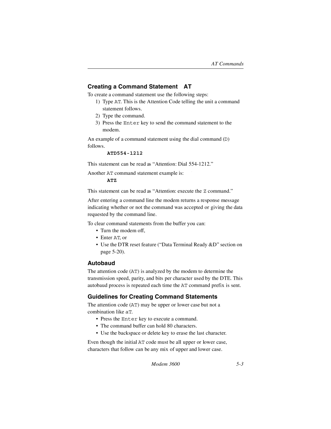 Black Box 3600 MODEM manual Creating a Command Statement AT, Autobaud Guidelines for Creating Command Statements 