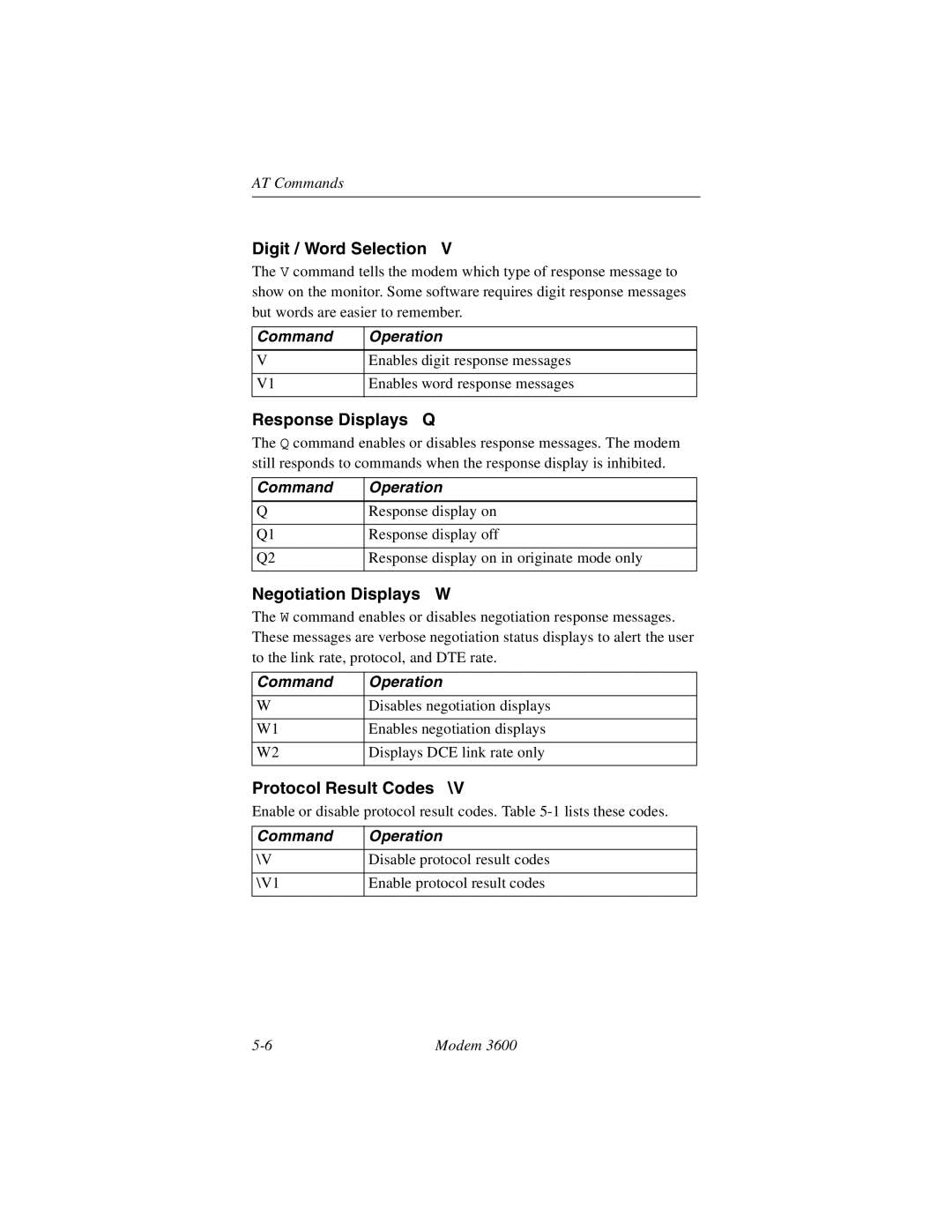 Black Box 3600 MODEM Digit / Word Selection, Response Displays Q, Negotiation Displays W, Protocol Result Codes \V 