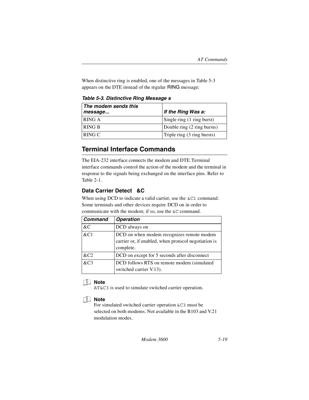 Black Box 3600 MODEM manual Terminal Interface Commands, Data Carrier Detect &C 