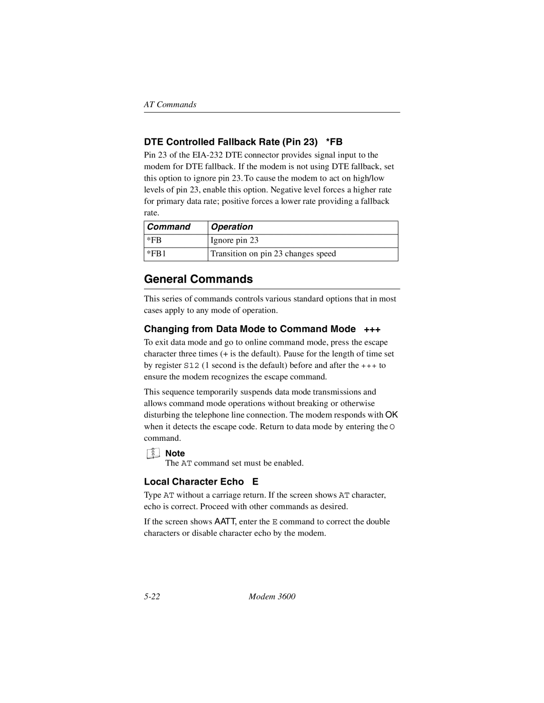 Black Box 3600 General Commands, DTE Controlled Fallback Rate Pin 23 *FB, Changing from Data Mode to Command Mode +++ 