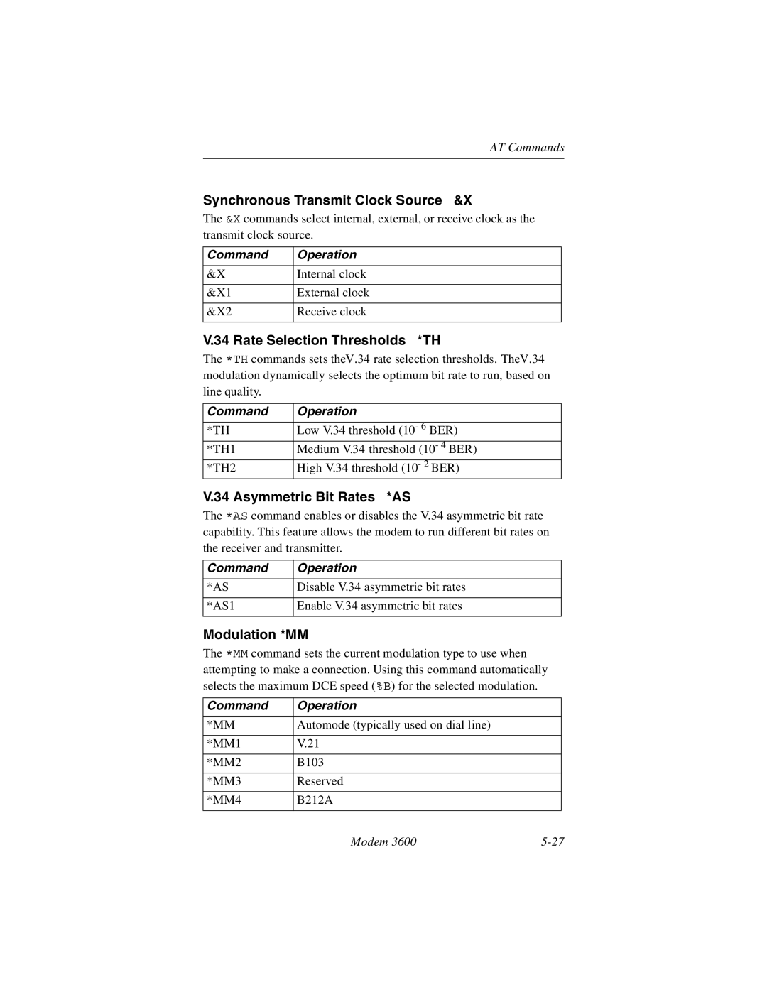 Black Box 3600 MODEM manual Synchronous Transmit Clock Source &X, Rate Selection Thresholds *TH, Asymmetric Bit Rates *AS 