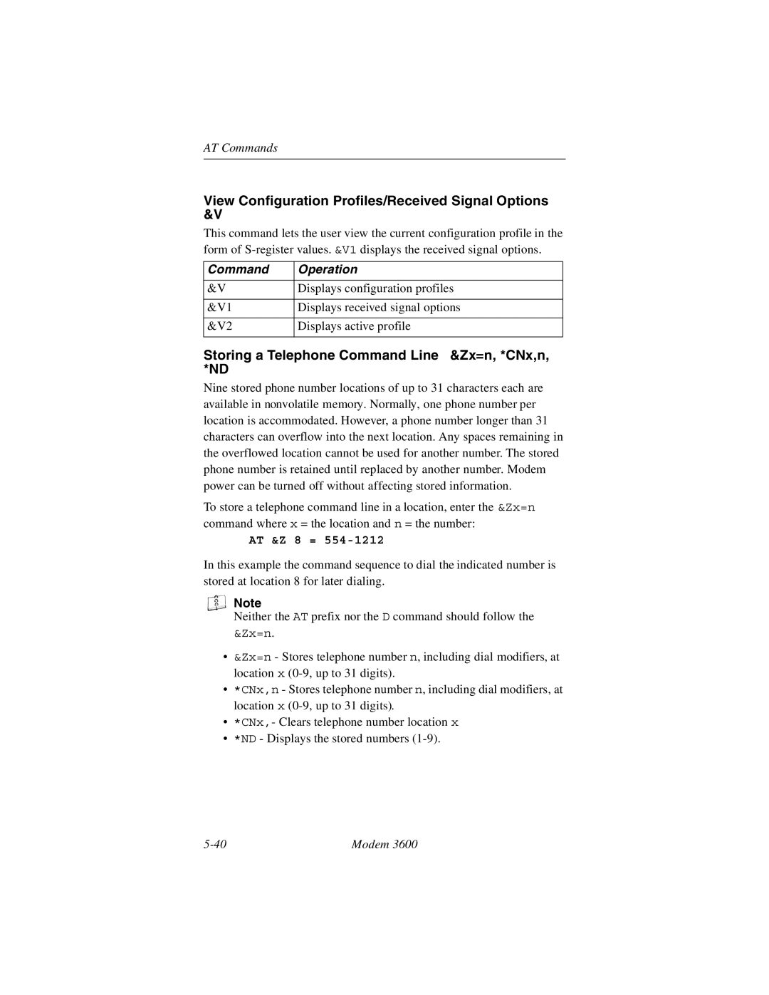Black Box 3600 View Configuration Profiles/Received Signal Options &V, Storing a Telephone Command Line &Zx=n, *CNx,n, *ND 