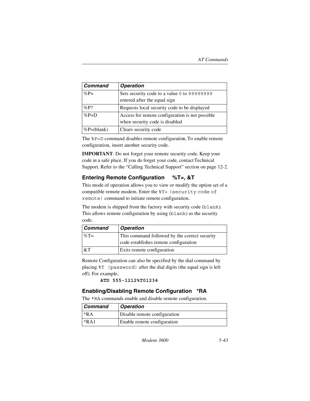 Black Box 3600 MODEM manual Entering Remote Configuration %T=, &T, Enabling/Disabling Remote Configuration *RA 