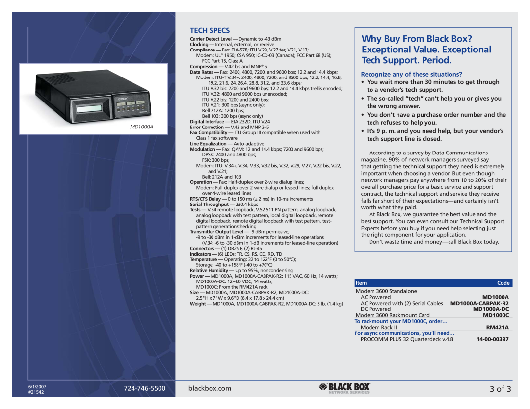 Black Box 3600 manual 3 of, Tech Specs, Why Buy From Black Box?, Exceptional Value. Exceptional, Tech Support. Period 