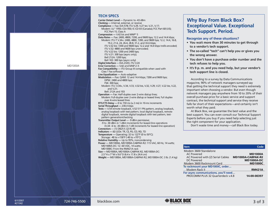 Black Box 3600 manual Tech Specs, Recognize any of these situations?, Code, Line Equalization Auto-adaptive 