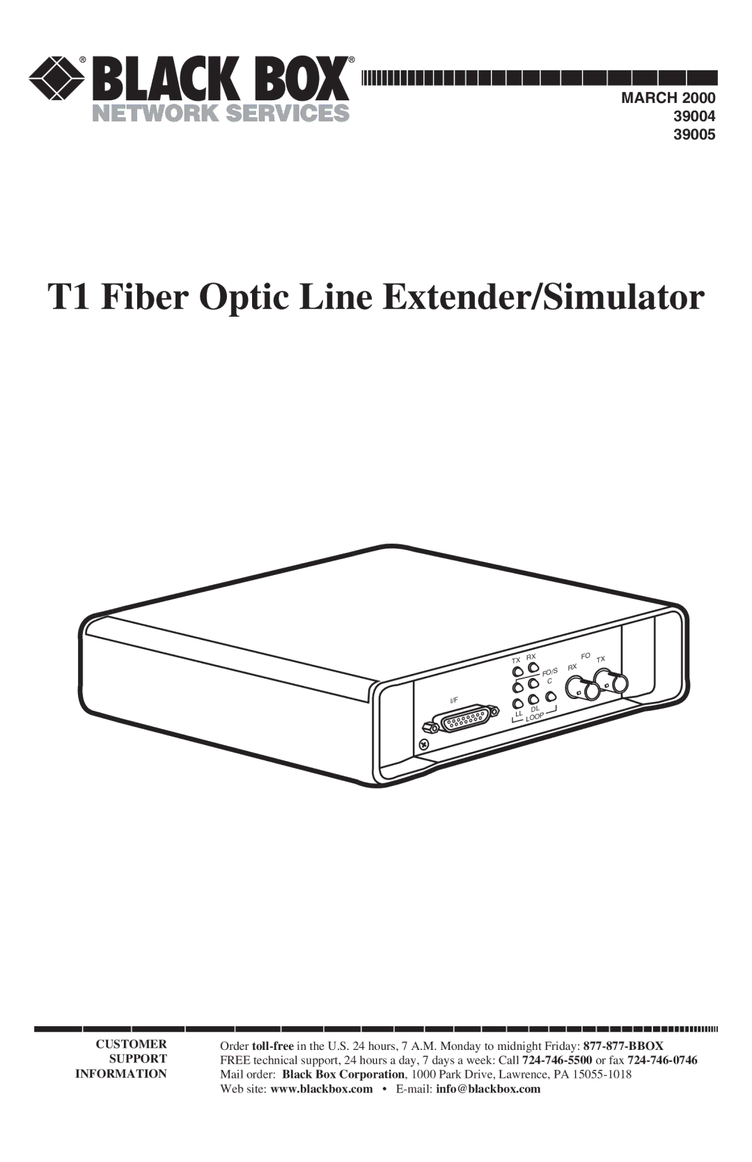 Black Box 39005, 39004 manual T1 Fiber Optic Line Extender/Simulator 