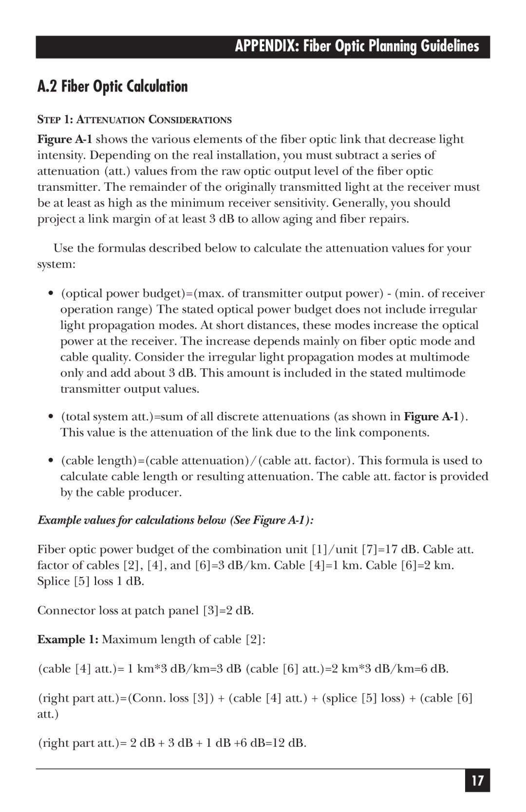 Black Box 39004, 39005 manual Fiber Optic Calculation, Example values for calculations below See Figure A-1 