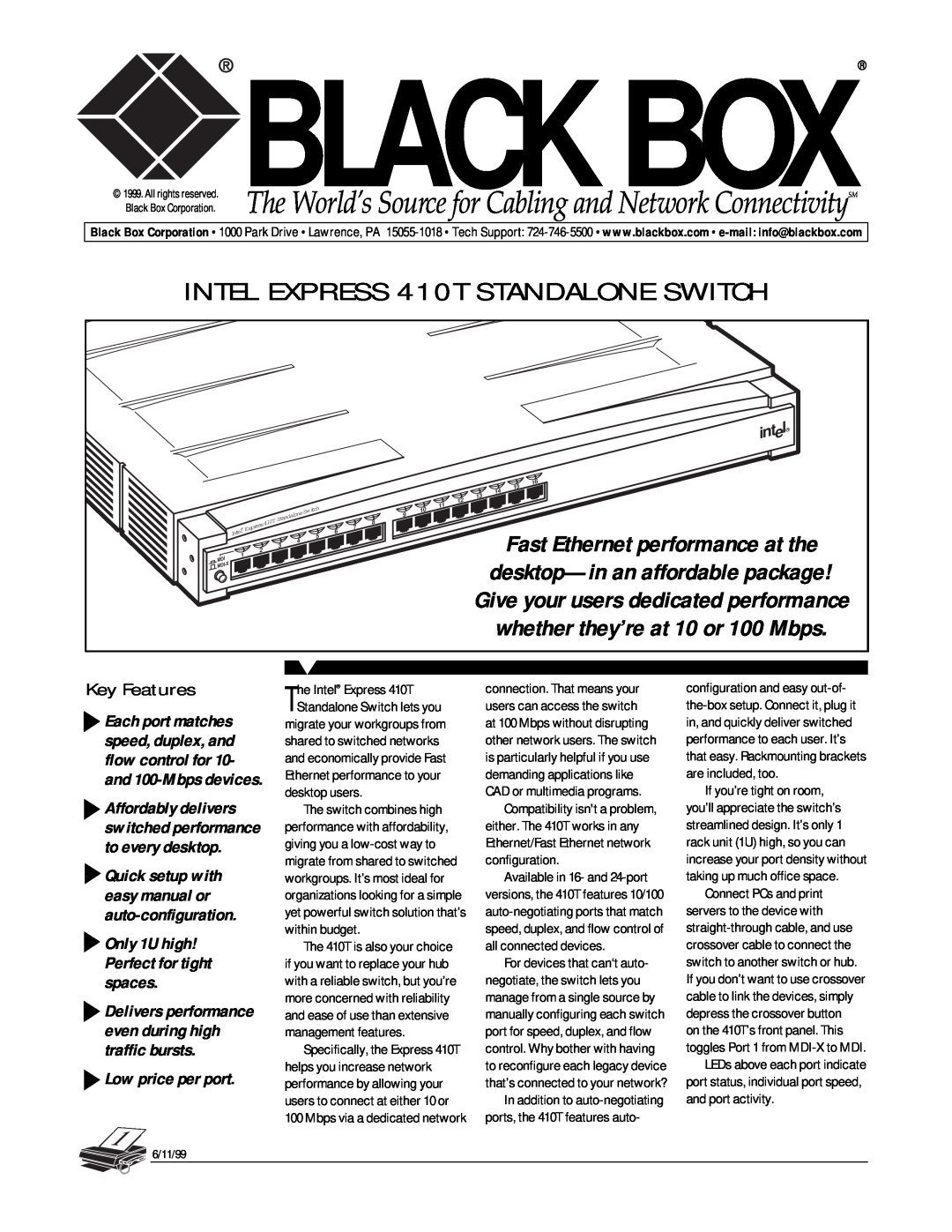 Black Box manual Black Box, INTEL EXPRESS 410T STANDALONE SWITCH, Key Features, Fast Ethernet performance at the, inte 