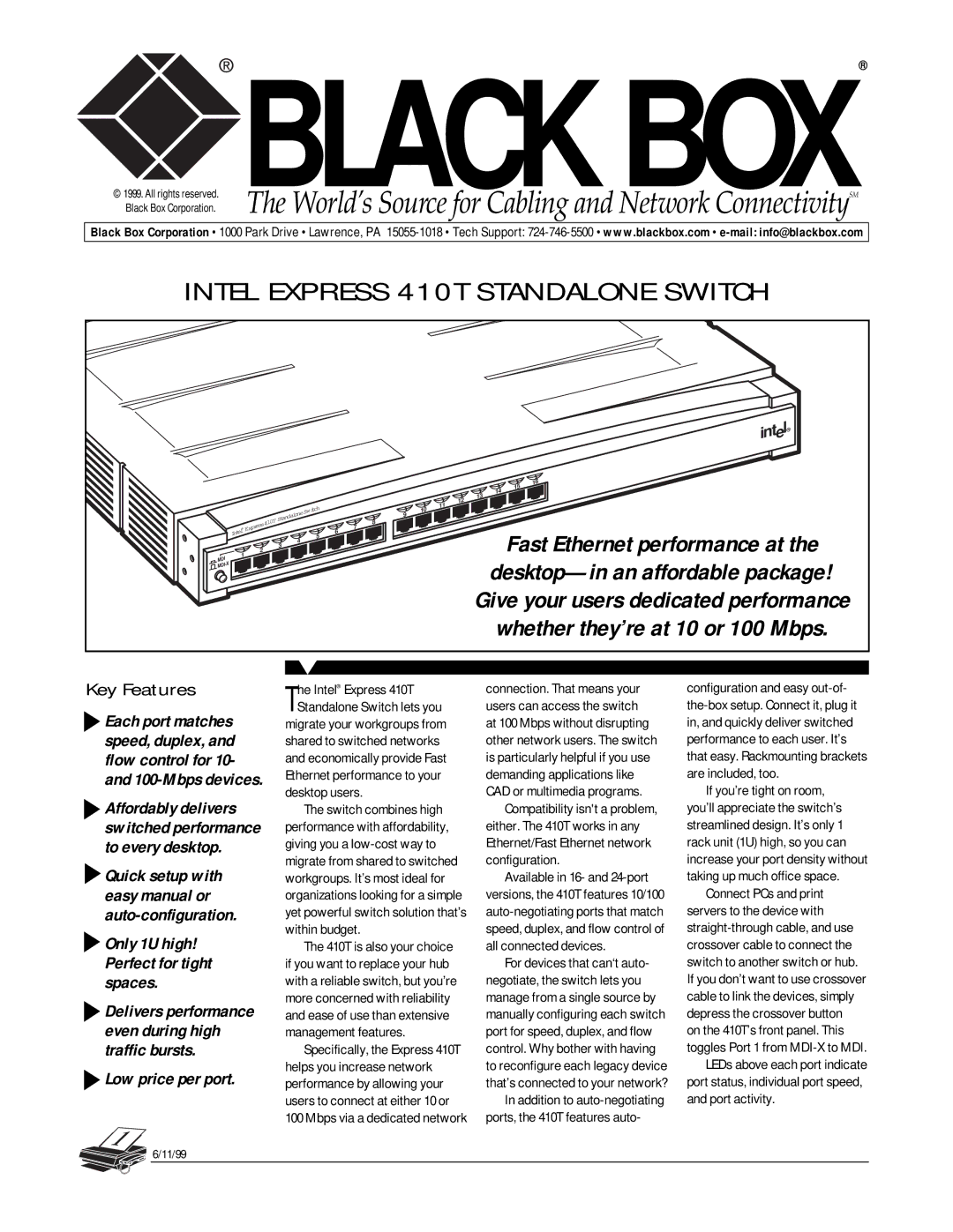 Black Box 410T manual Black BOX, All rights reserved 