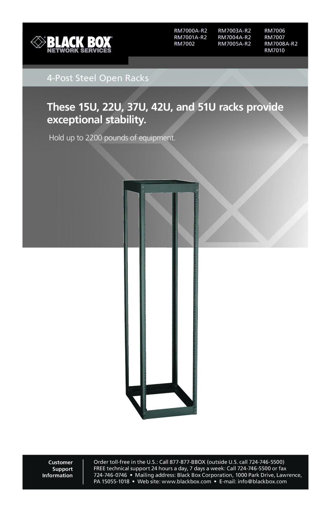 Black Box 51U, 42U, 4-Post Steel Open Racks, 37U, 22U, 15U manual 