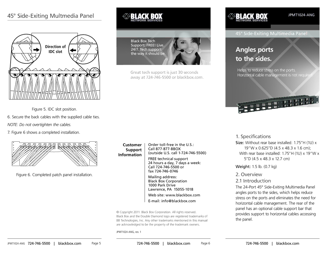 Black Box 45 Side-Exiting Multmedia Panel specifications Specifications, Overview Introduction, Direction IDC slot 