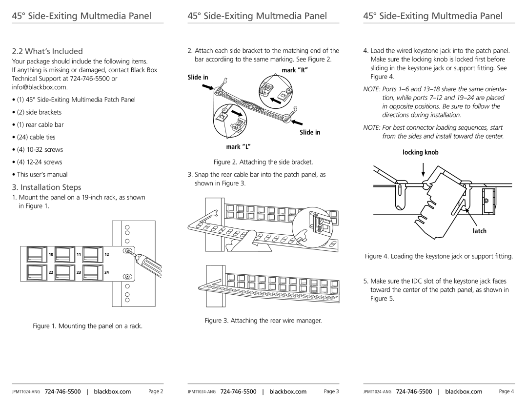 Black Box JPMT1024-ANG specifications What’s Included, Installation Steps, Mark R Slide Mark L, Locking knob Latch 