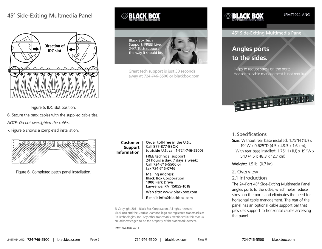 Black Box 45 Side-Exiting Multmedia Panel, JPMT1024-ANG specifications Side-ExitingMultmedia Panel, Specifications 