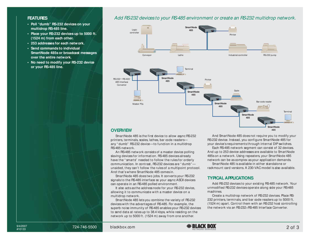 Black Box 485 manual Overview, Typical Applications 