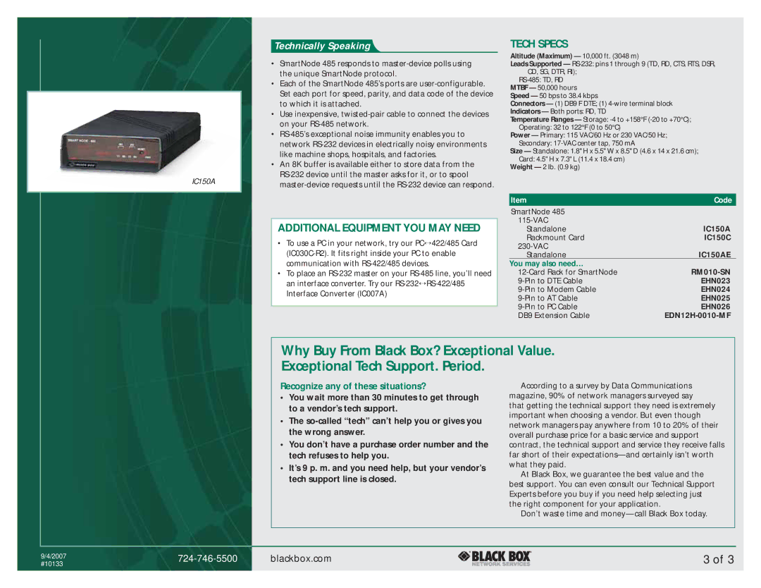 Black Box 485 manual Additional Equipment YOU MAY Need, Tech Specs 