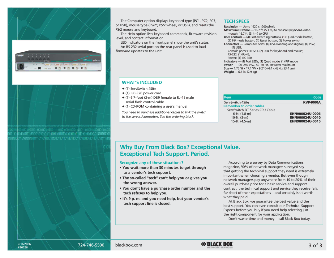 Black Box 4site manual Tech Specs, WHAT‘S Included 