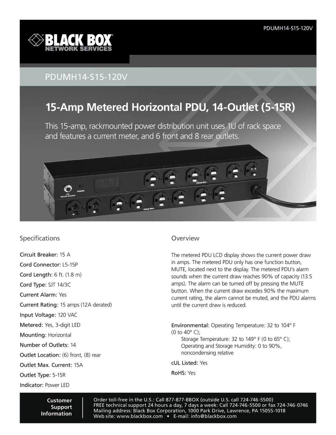 Black Box specifications Amp Metered Horizontal PDU, 14-Outlet 5-15R, Specifications, Overview 