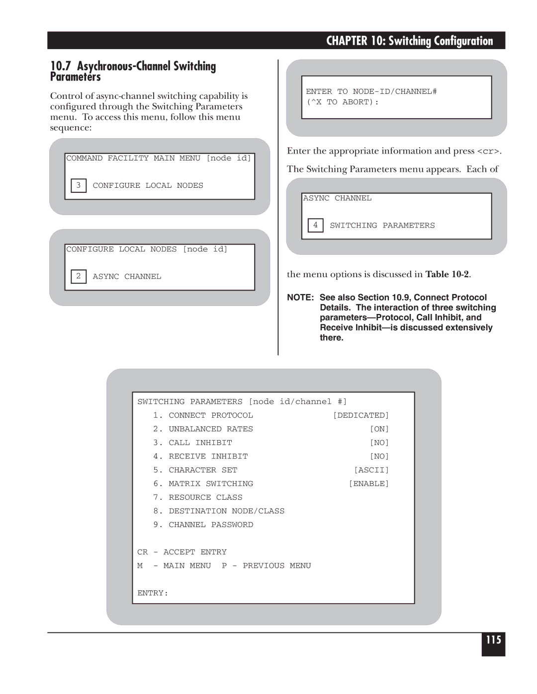 Black Box 5000 manual Asychronous-Channel Switching Parameters, Menu options is discussed in Table 