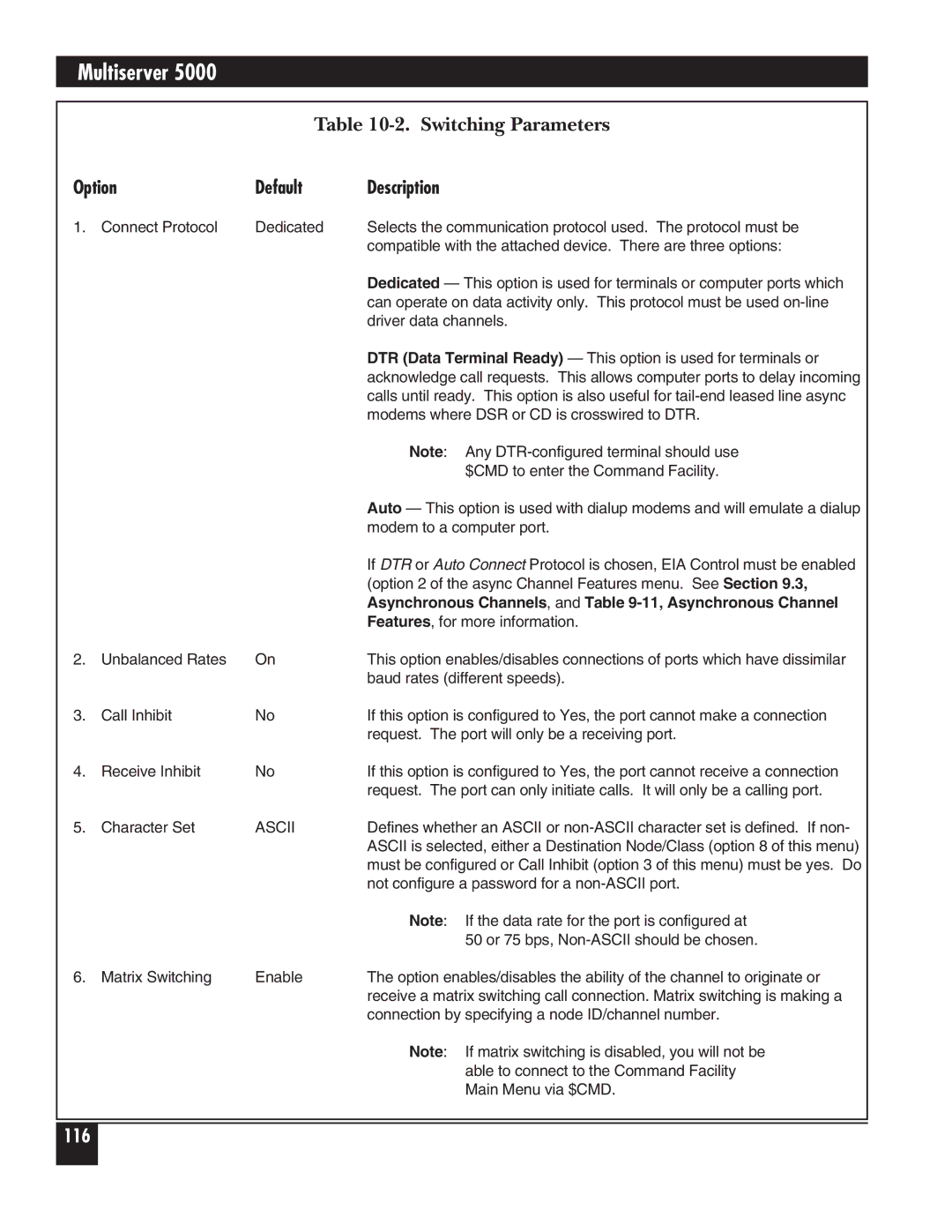 Black Box 5000 manual Switching Parameters, Asynchronous Channels, and -11, Asynchronous Channel 