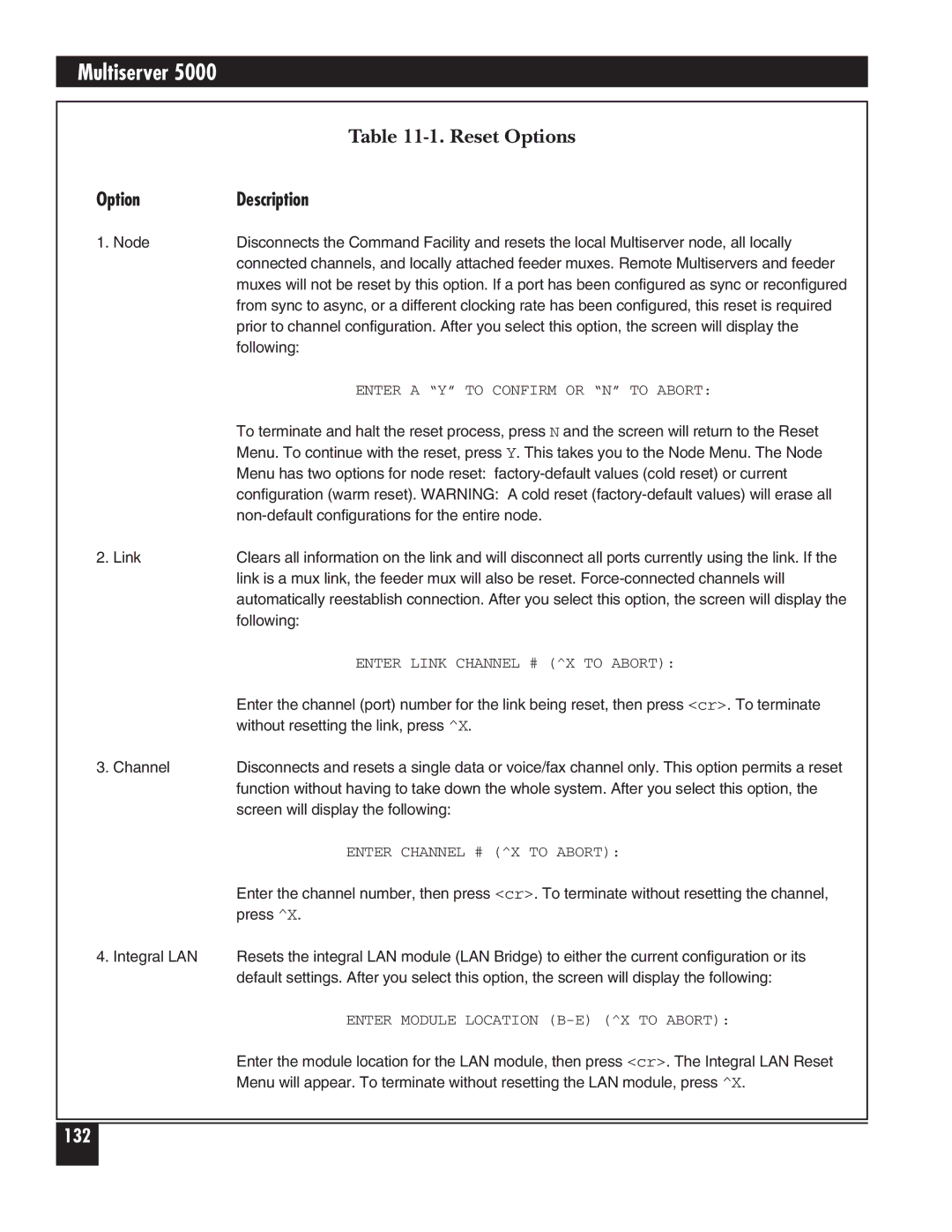 Black Box 5000 manual Reset Options 