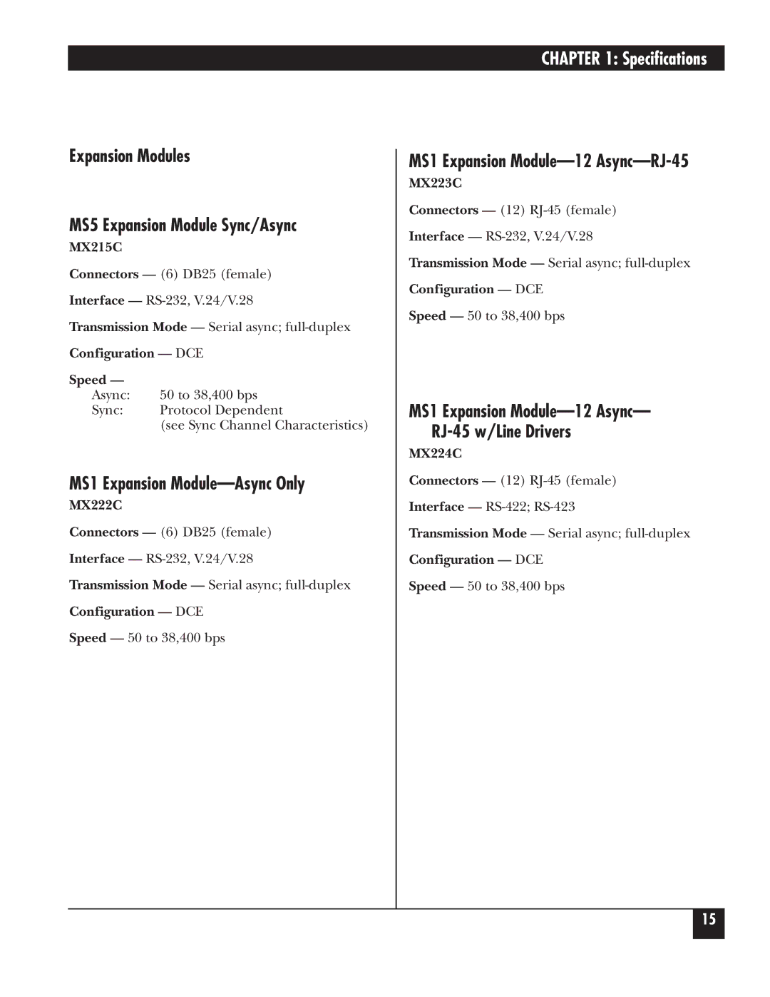 Black Box 5000 manual Expansion Modules MS5 Expansion Module Sync/Async, MS1 Expansion Module-Async Only, MX215C, MX224C 