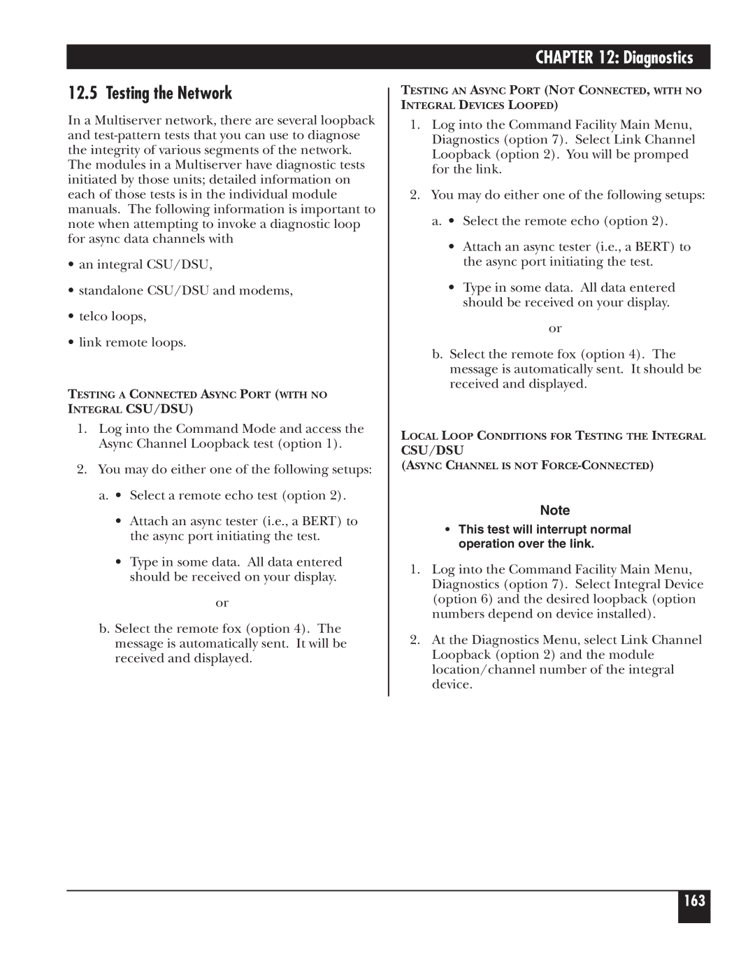 Black Box 5000 manual Testing the Network, Integral CSU/DSU 