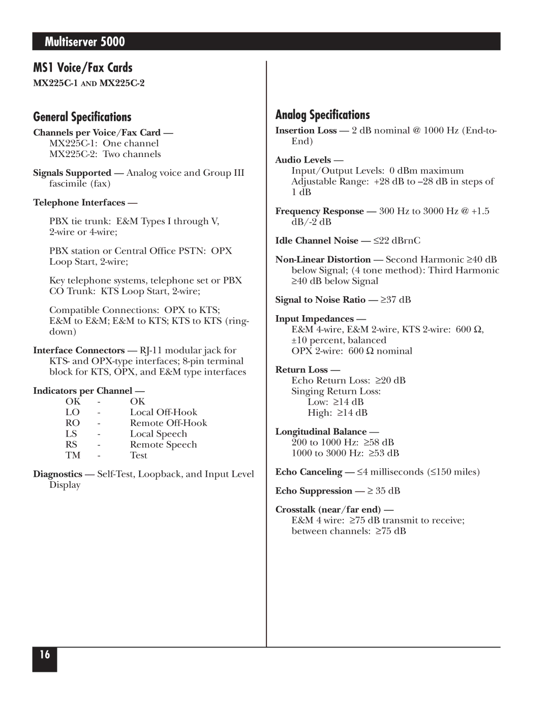 Black Box 5000 manual MS1 Voice/Fax Cards, General Specifications, Analog Specifications 