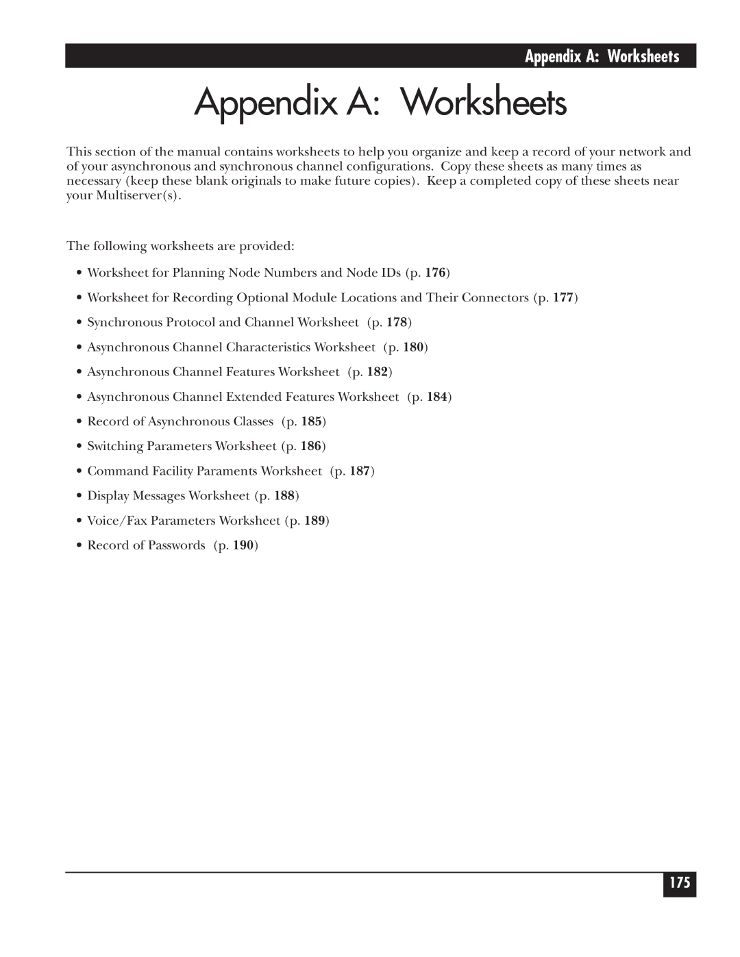 Black Box 5000 manual Appendix a Worksheets 