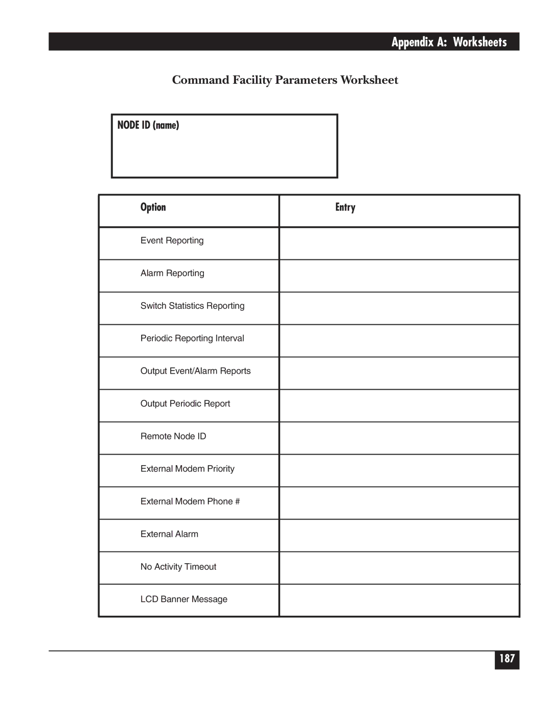 Black Box 5000 manual Command Facility Parameters Worksheet 