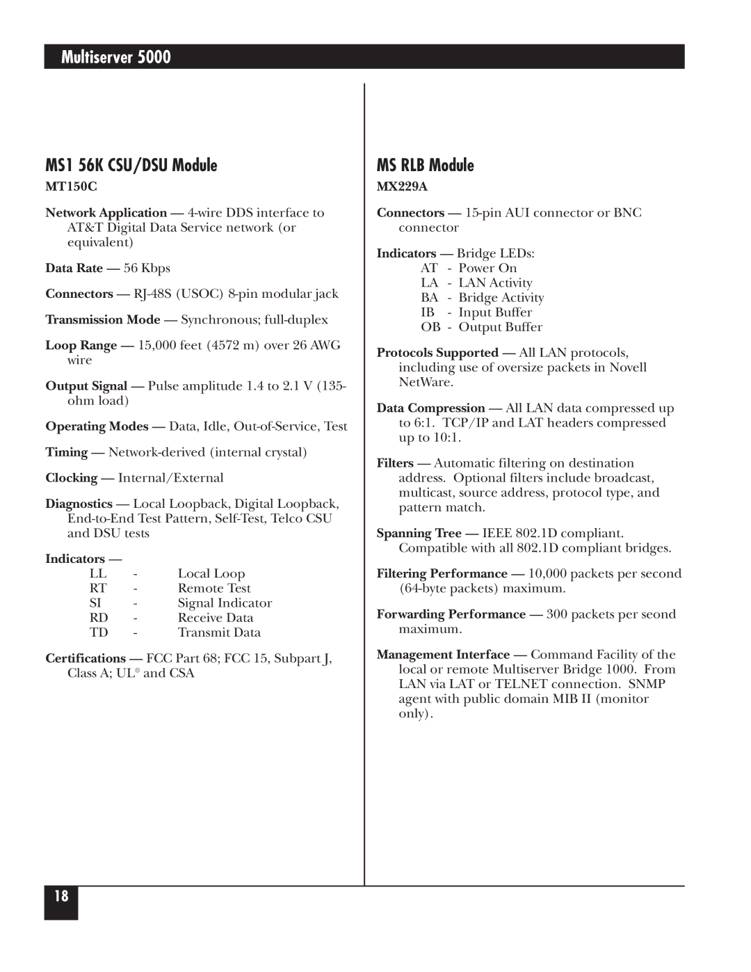 Black Box 5000 manual MS1 56K CSU/DSU Module, MS RLB Module 