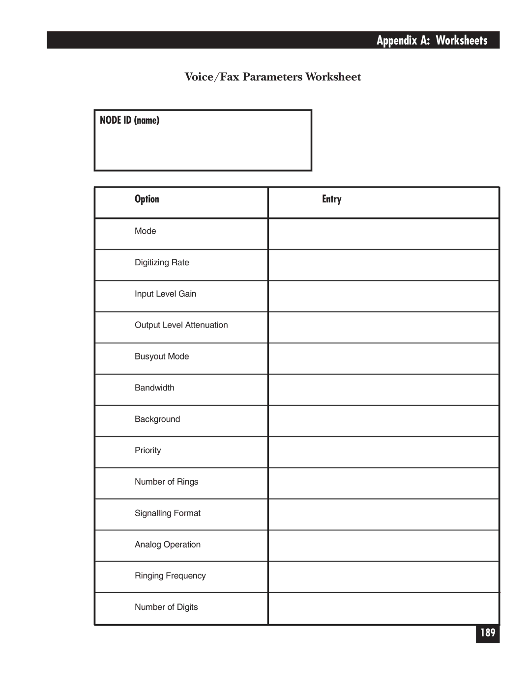 Black Box 5000 manual Voice/Fax Parameters Worksheet 